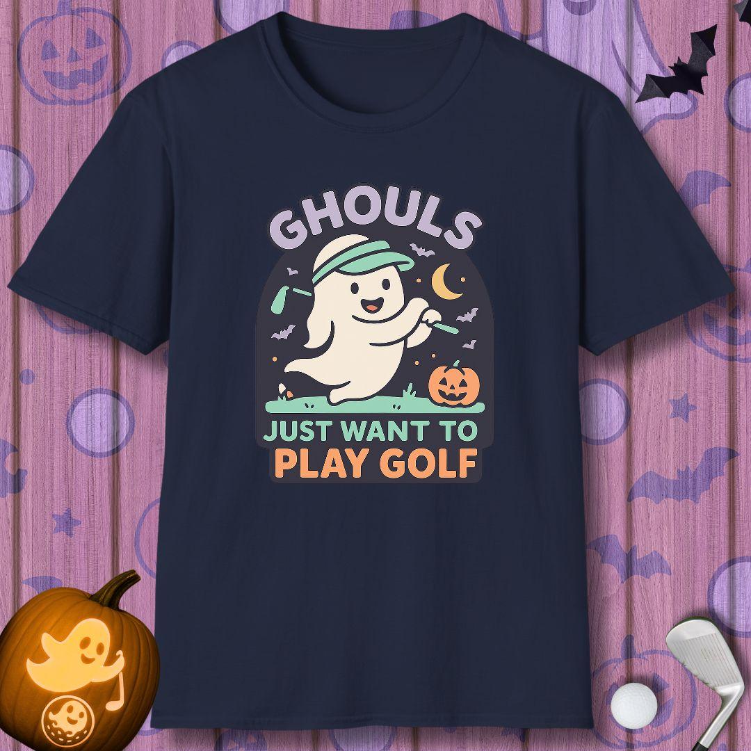 GHOULS Just want to Play Golf - Halloween T-shirt in Navy, great for casual wear. Find more fun golf focused products at oneforetheages.com