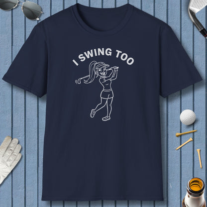 Retro I SWING TOO Women's Golf T-Shirt - Adult Golf T-Shirt in Navy