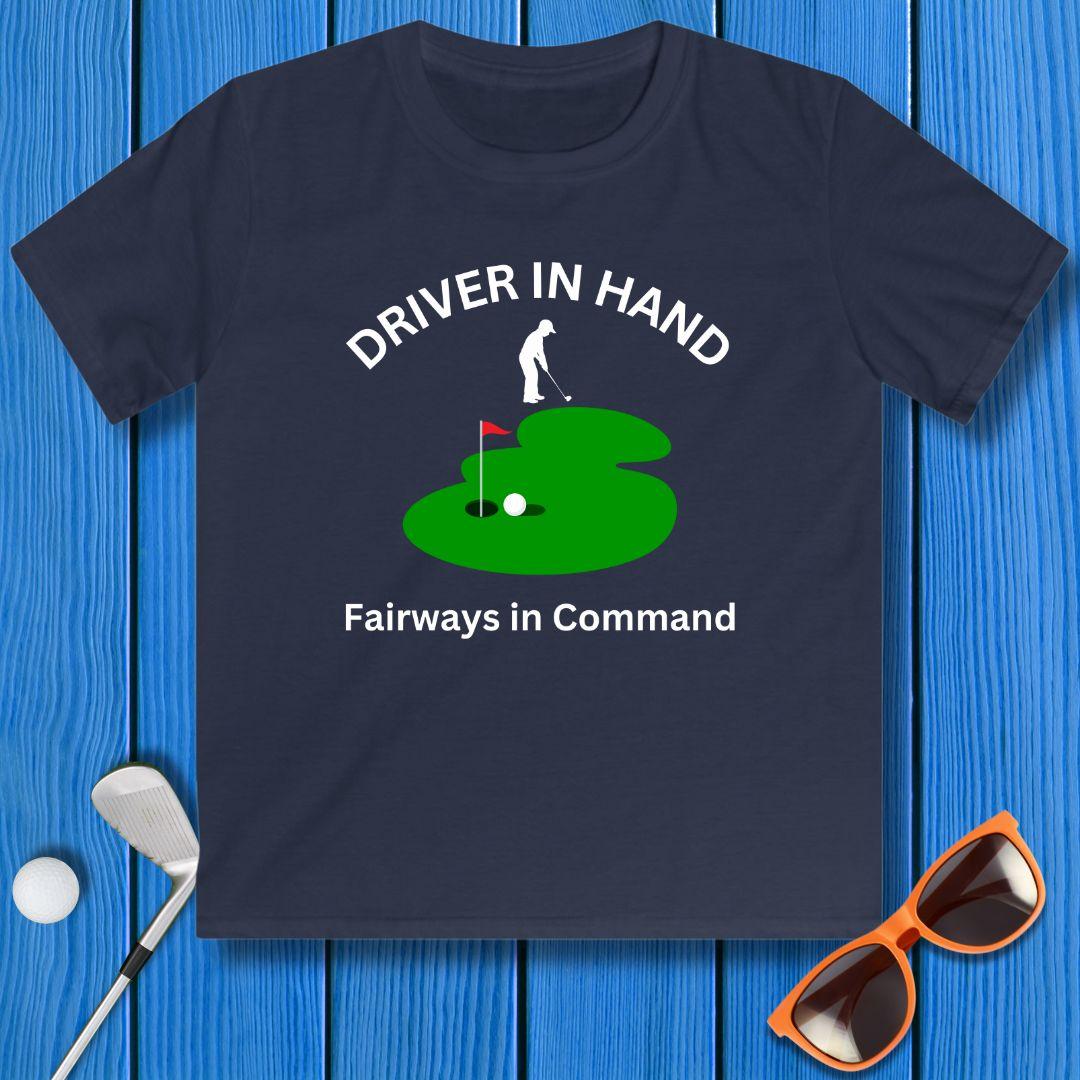 Driver in Hand - Fairways in Command - Junior Boy T-shirt in Navy, great for casual wear. Find more fun golf focused products at oneforetheages.com