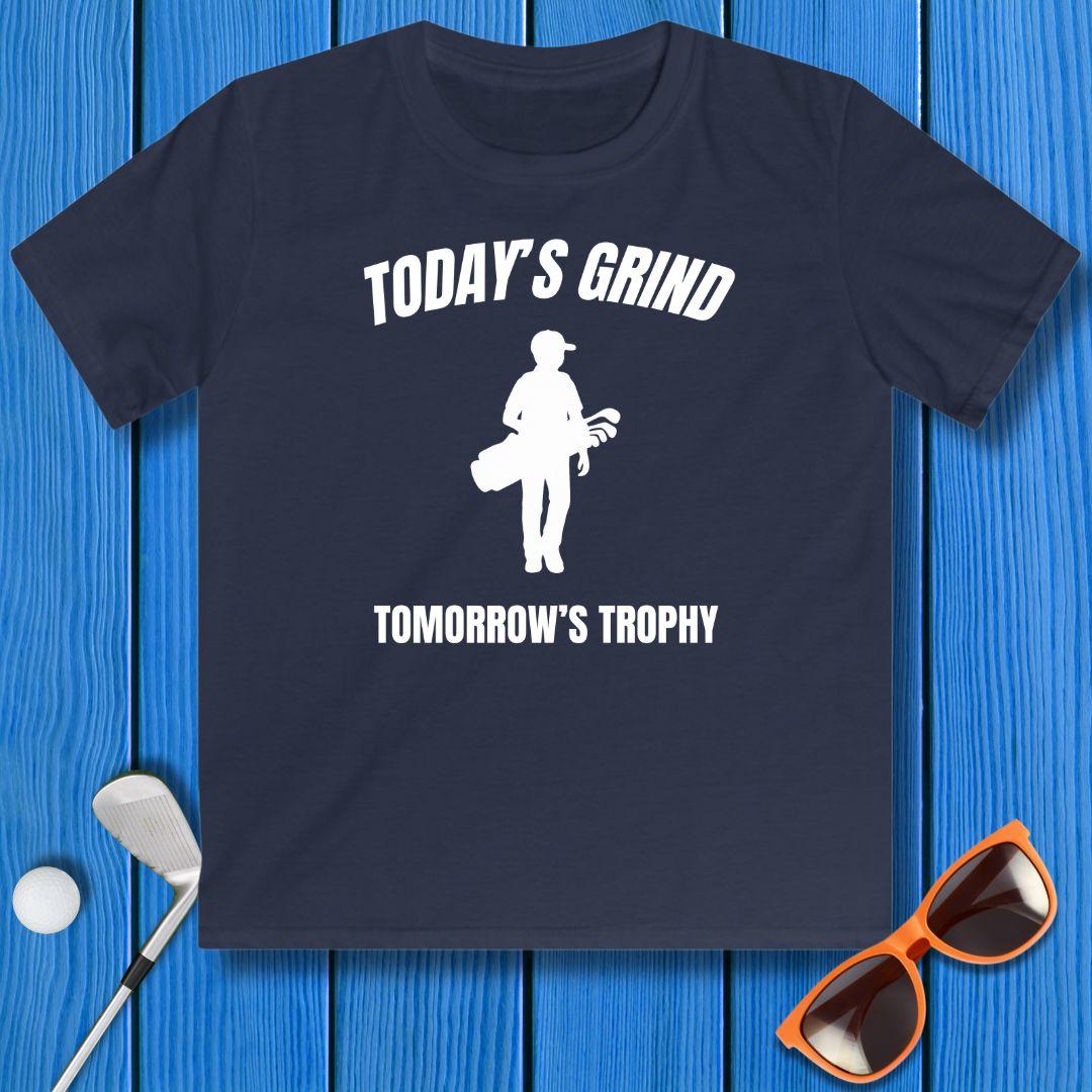 Today's Grind - Tomorrow's Trophy - Youth Boy's T-shirt in Navy, great for casual wear. Find more fun golf focused products at oneforetheages.com