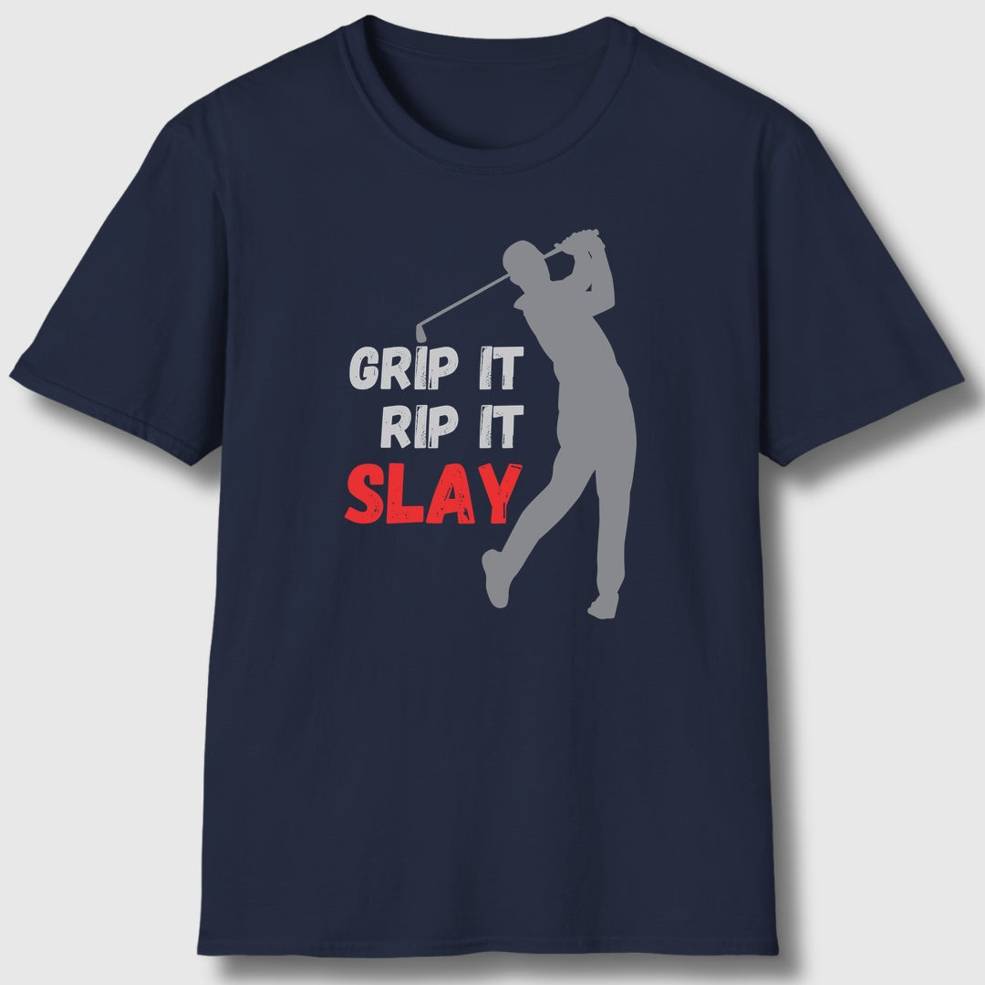 GRIP IT, RIP IT, SLAY (Male) - Adult Golf T-Shirt in Navy