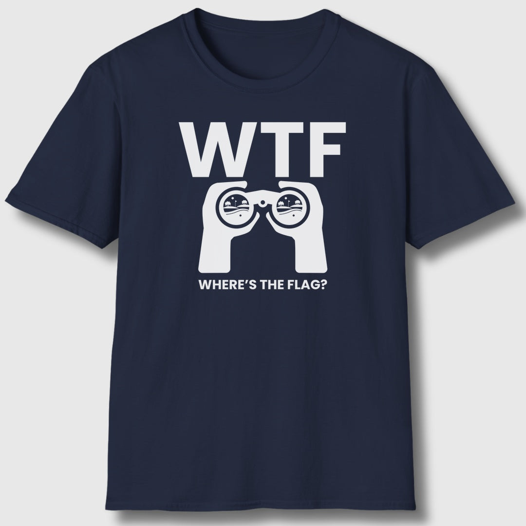 WTF - Where's the Flag - Adult Golf T-Shirt in Navy