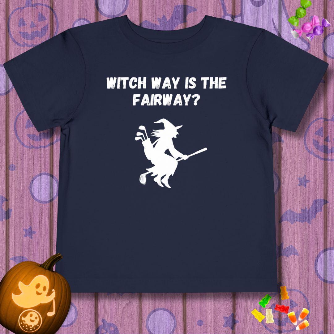 Witch Way is the Fairway? - Toddler Halloween T-shirt in Navy, great for casual wear. Find more fun golf focused products at oneforetheages.com