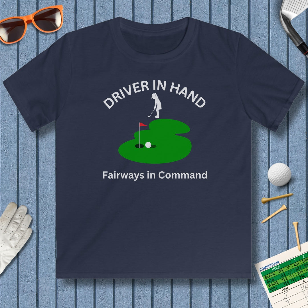 Driver in Hand - Fairways in Command (Female) - Youth Golf T-Shirt in Navy