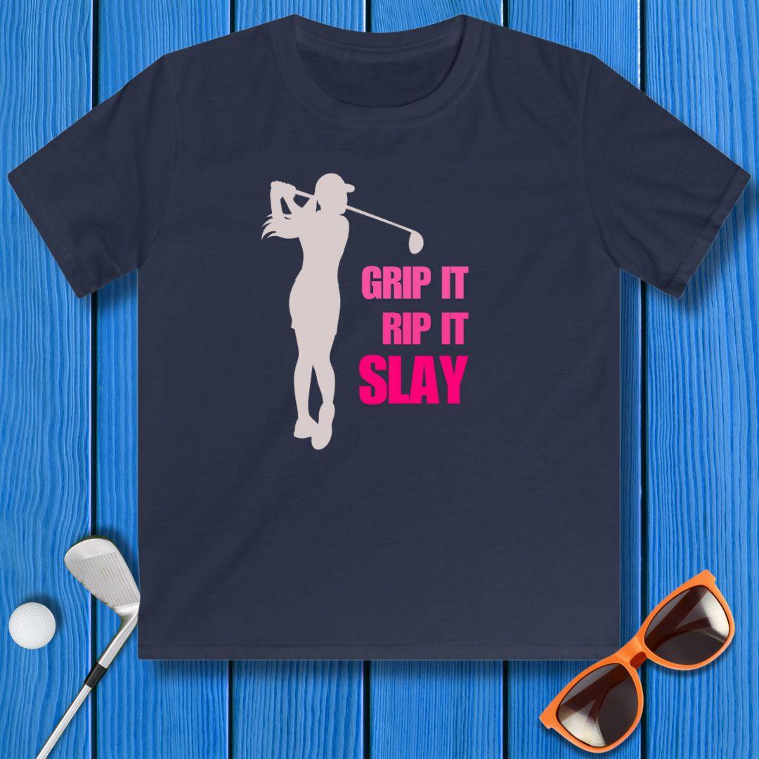 GRIP IT, RIP IT, SLAY - Youth Girls T-shirt in Navy, great for casual wear. Find more fun golf focused products at oneforetheages.com