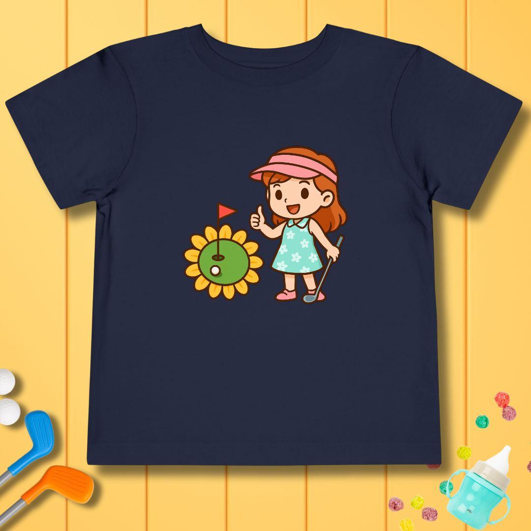 Sunflower Green - Girls Toddler T-Shirt in Navy, great for casual wear. Find more fun golf focused products at oneforetheages.com