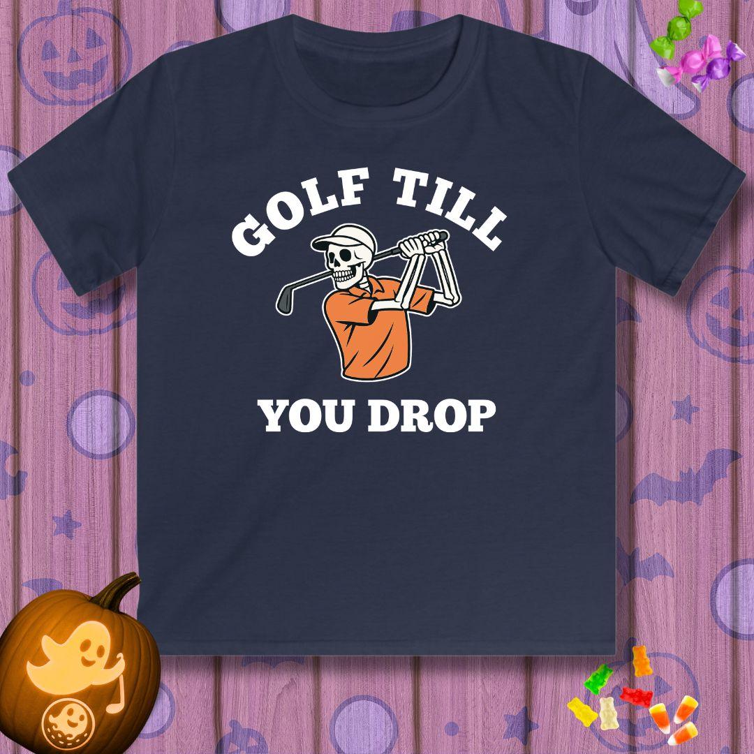 Golf Till You Drop - Youth Halloween T-shirt in Navy, great for casual wear. Find more fun golf focused products at oneforetheages.com