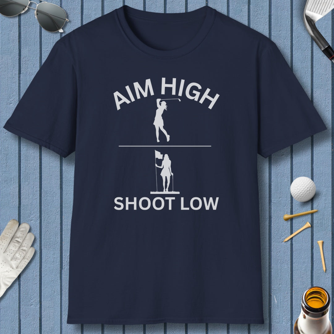 Aim High - Shoot Low (Female) - Adult Golf T-Shirt in Navy