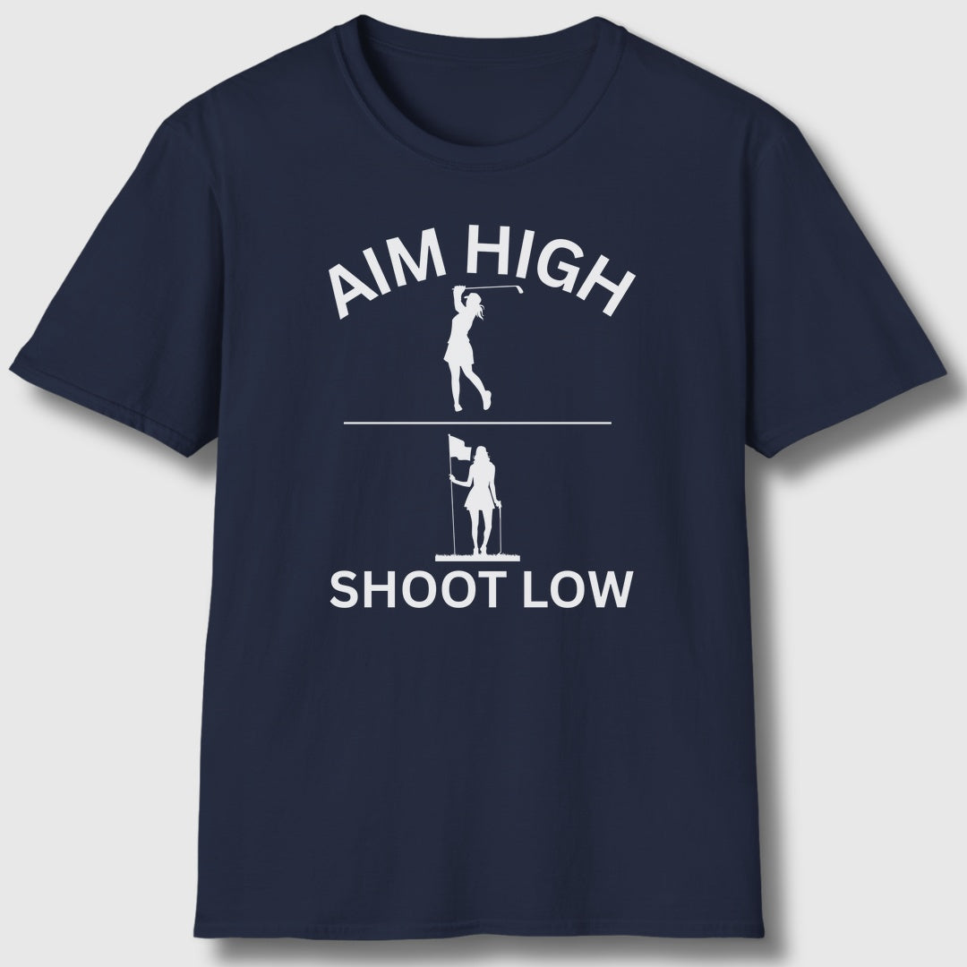 Aim High - Shoot Low (Female) - Adult Golf T-Shirt in Navy