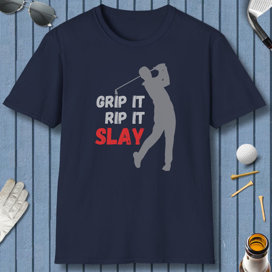 GRIP IT, RIP IT, SLAY (Male) - Adult Golf T-Shirt in Navy