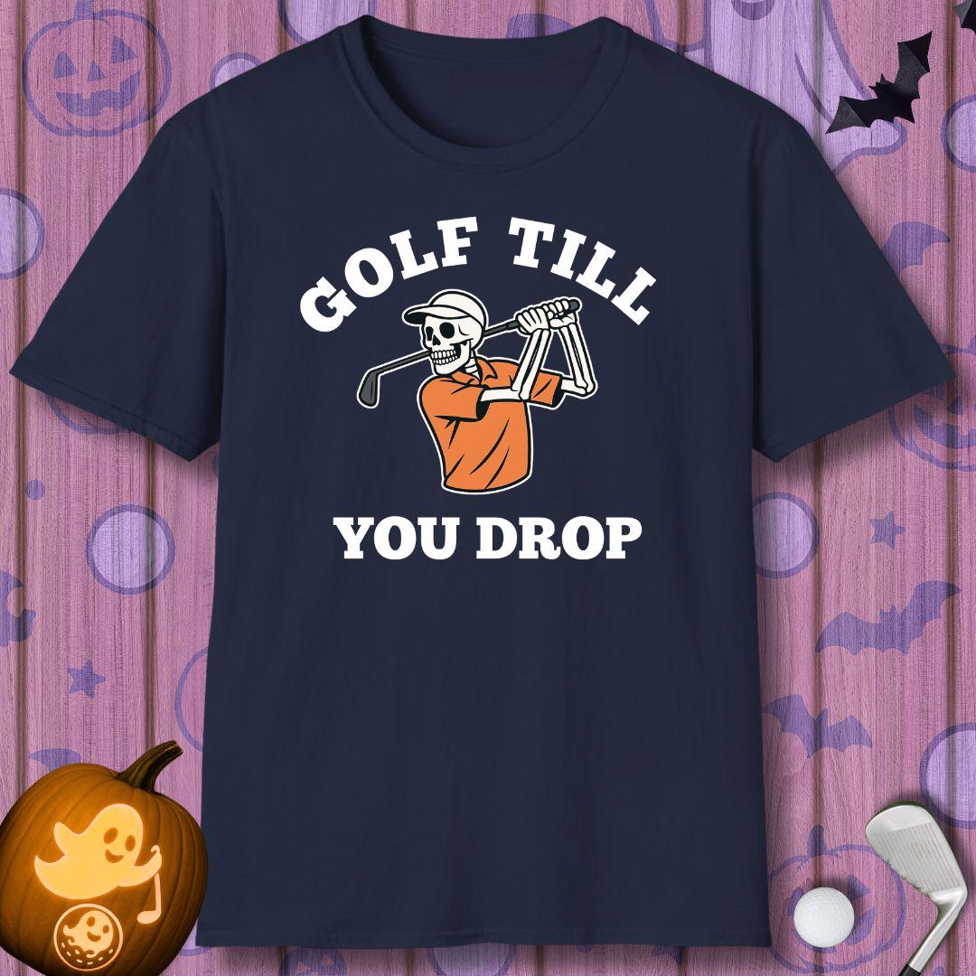 Golf Till You Drop - Halloween T-shirt in Navy, great for casual wear. Find more fun golf focused products at oneforetheages.com