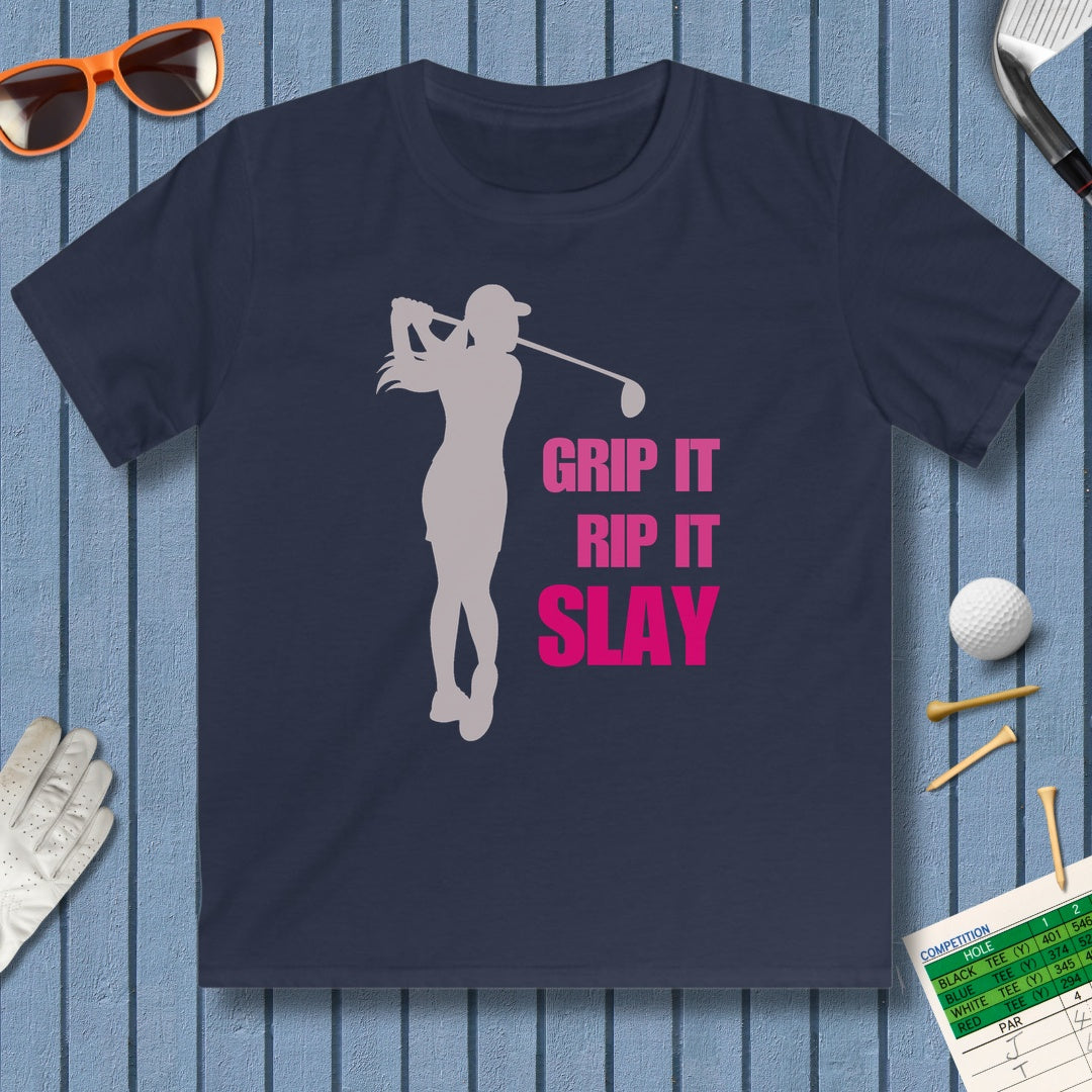 GRIP IT, RIP IT, SLAY (Female) - Youth Golf T-Shirt in Navy