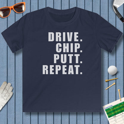 DRIVE CHIP PUTT REPEAT - Youth Golf T-Shirt in Navy