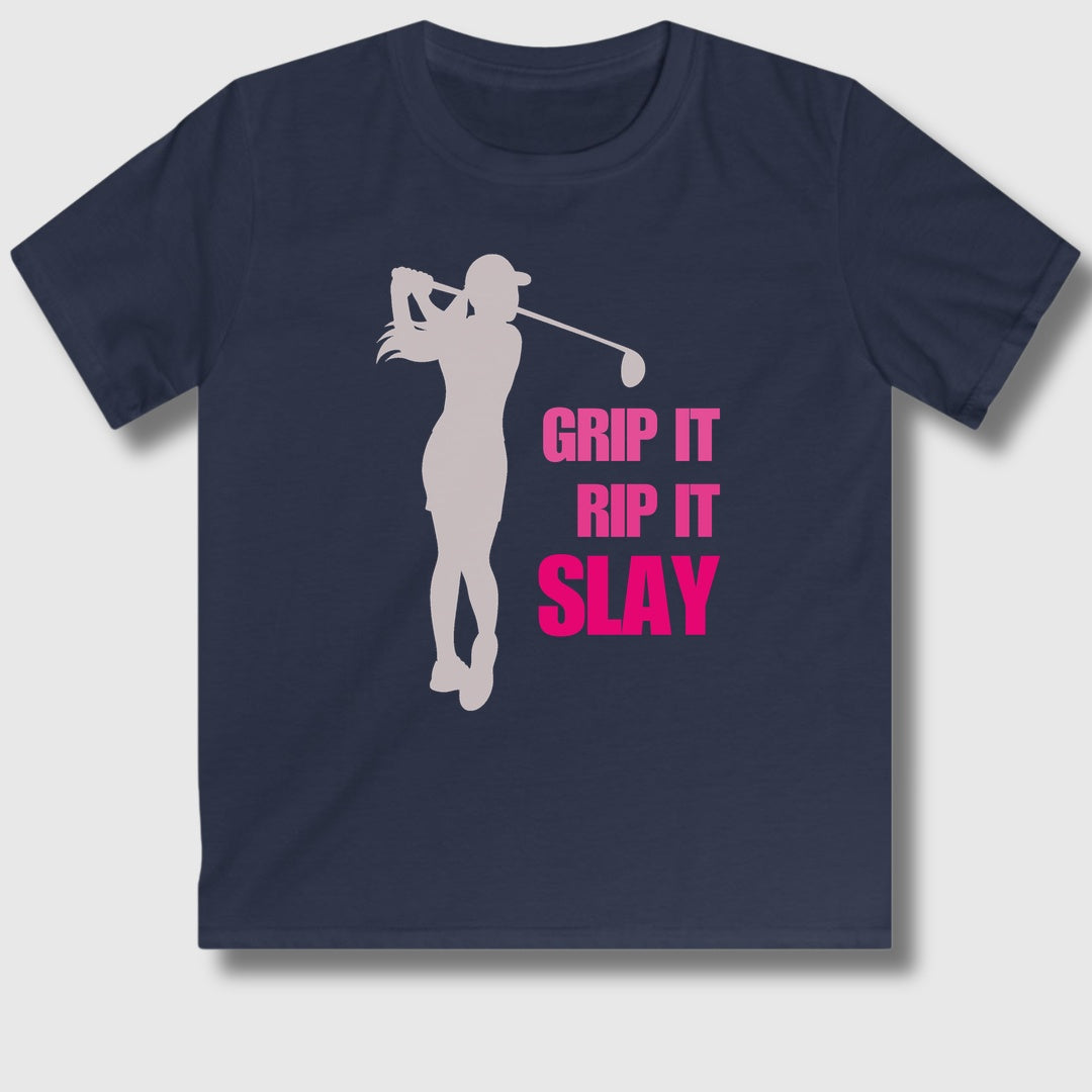GRIP IT, RIP IT, SLAY (Female) - Youth Golf T-Shirt in Navy
