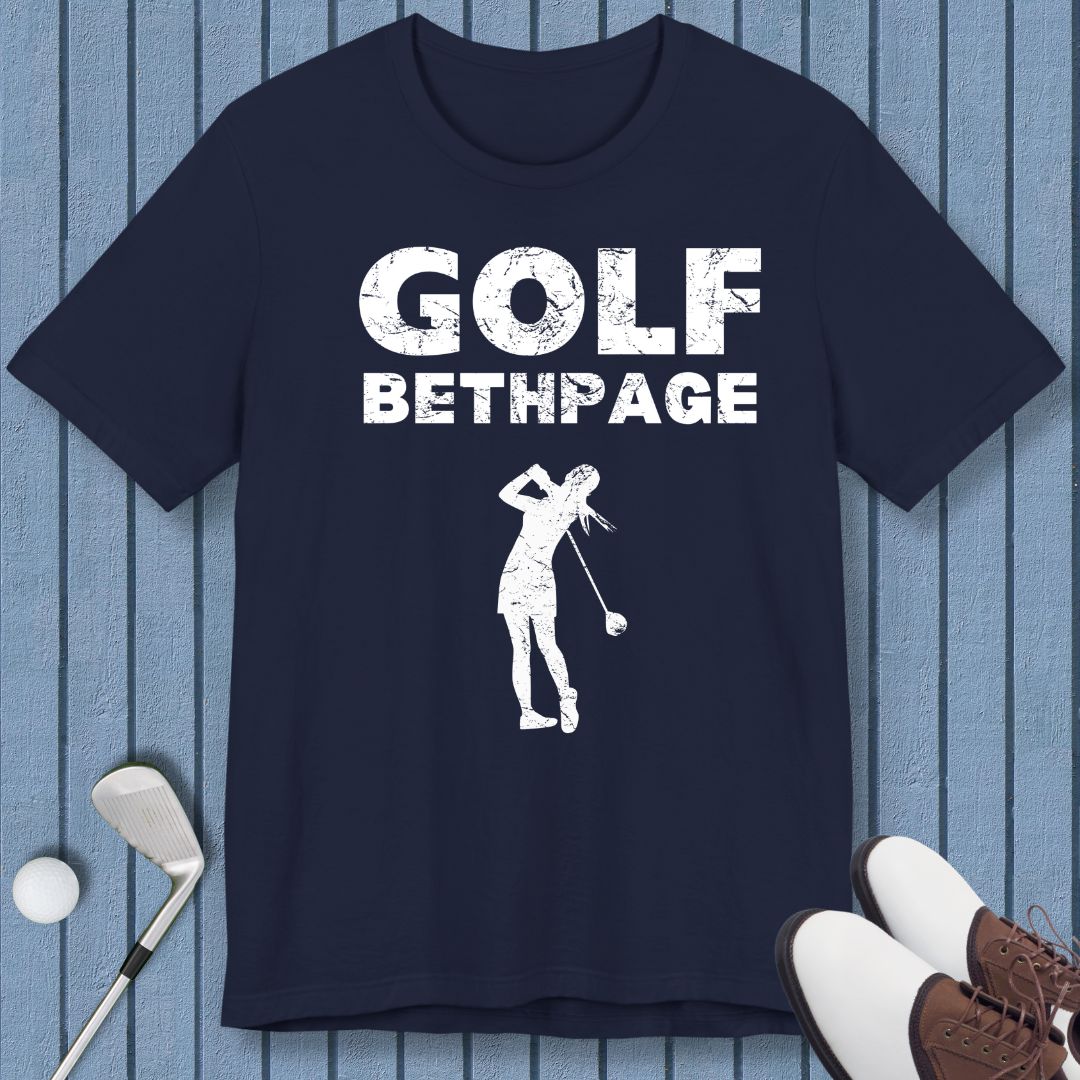 Golf Bethpage - Female T-shirt in Navy, great for casual wear. Find more fun golf focused products at oneforetheages.com