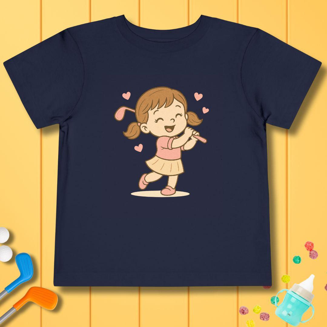 Happy Golfer Girl - Toddler T-Shirt in Navy, great for casual wear. Find more fun golf focused products at oneforetheages.com