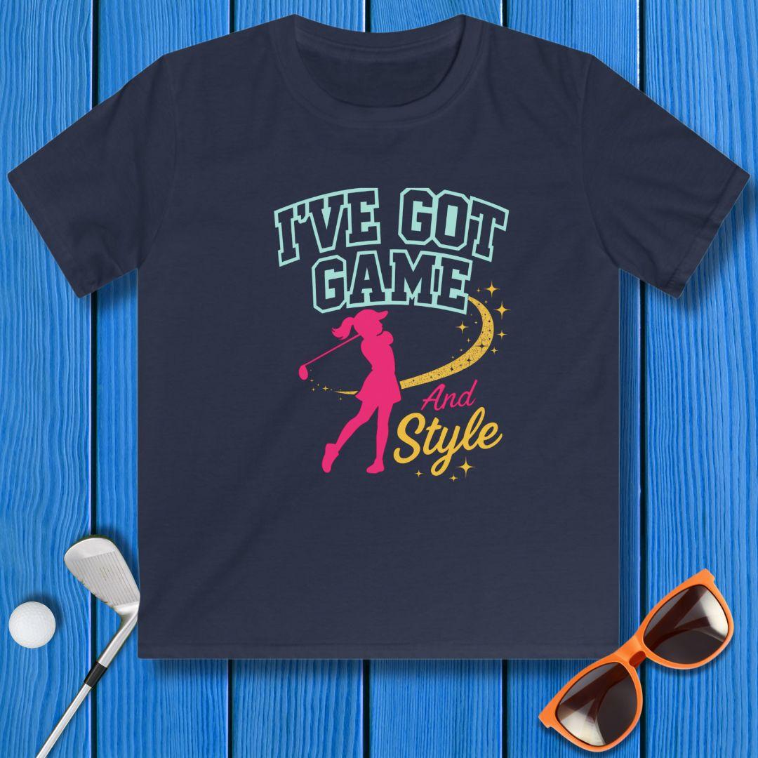 I’ve Got Game And Style – Girls Youth Golf T-Shirt in Navy, great for casual wear. Find more fun golf focused products at oneforetheages.com