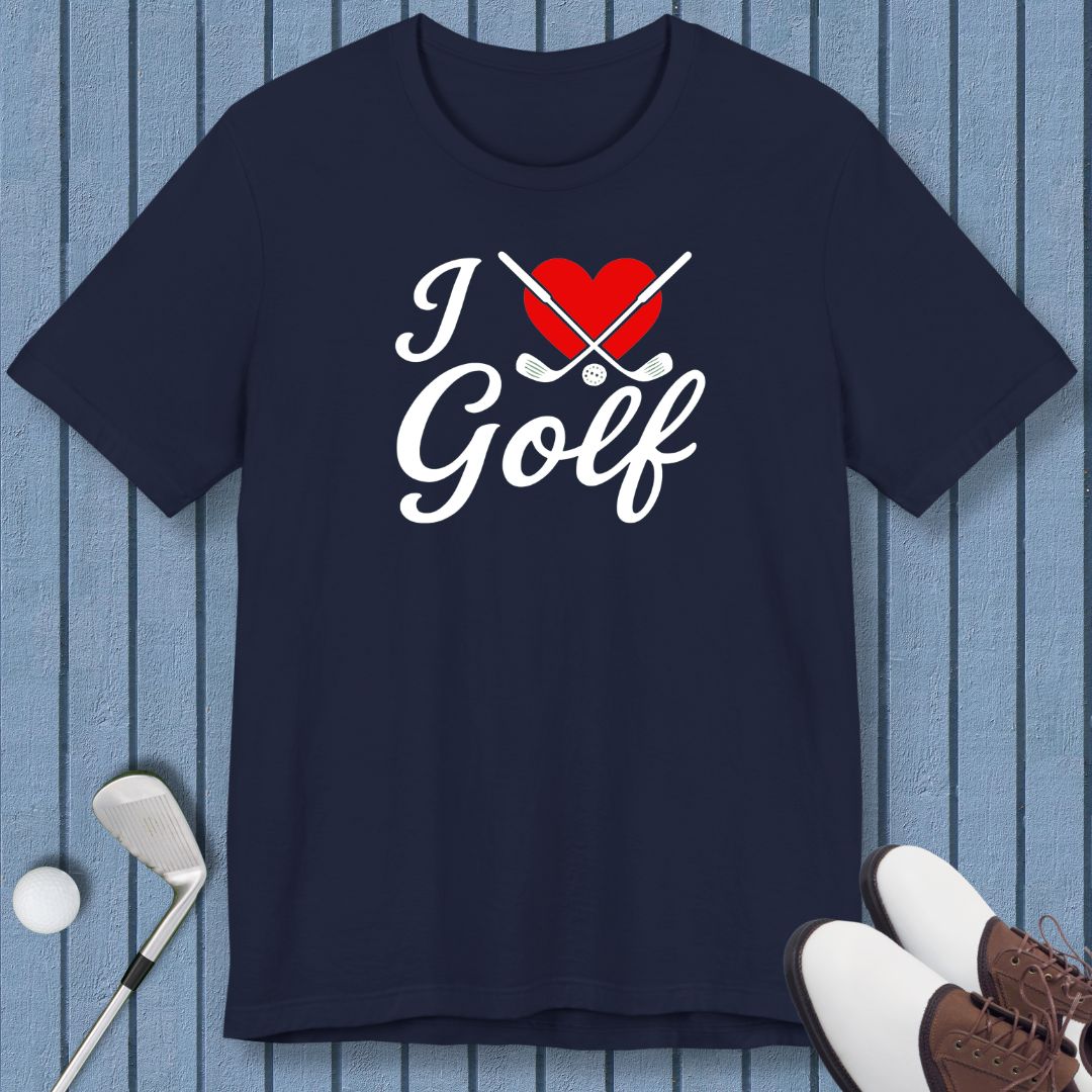 I Love Golf - T-shirt in Navy, great for casual wear. Find more fun golf focused products at oneforetheages.com