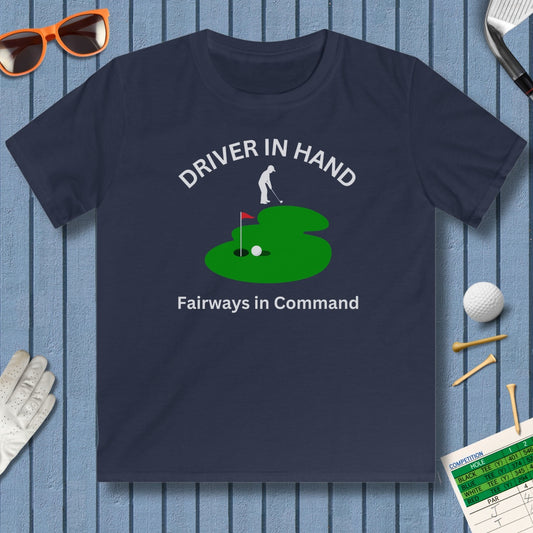 Driver in Hand - Fairways in Command (Male) - Youth Golf T-Shirt in Navy