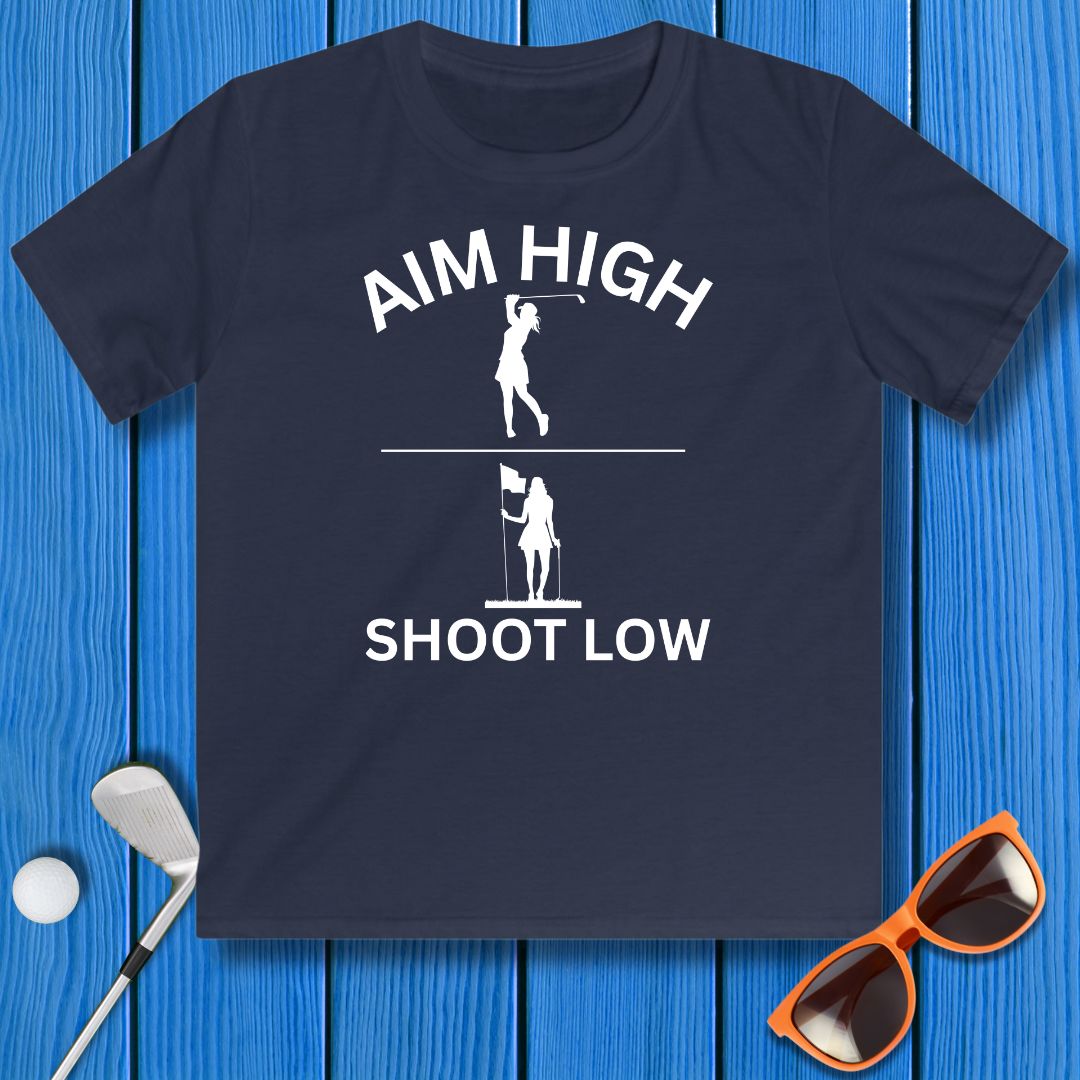 Aim High - Shoot Low - Girl - Youth in Navy, great for casual wear. Find more fun golf focused products at oneforetheages.com