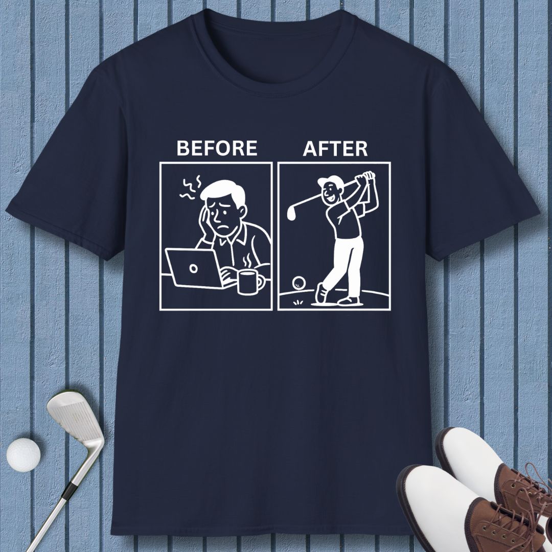 Before & After - T-Shirt in Navy, great for casual wear. Find more fun golf focused products at oneforetheages.com