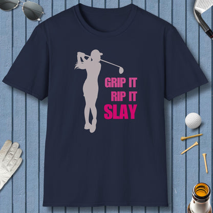 GRIP IT, RIP IT, SLAY (Female) - Adult Golf T-Shirt in Navy