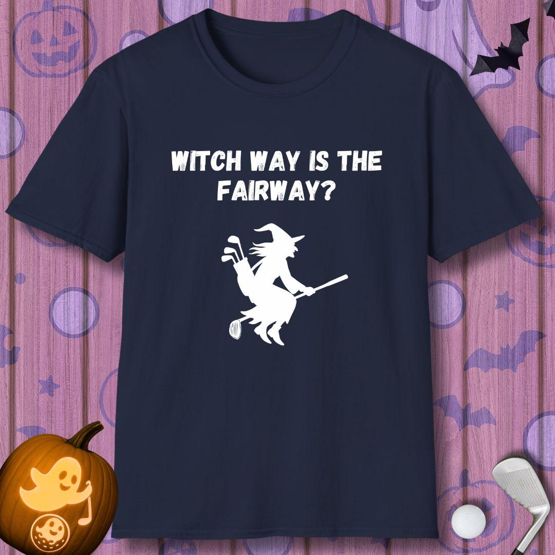 Witch Way is the Fairway? - Halloween T-shirt in Navy, great for casual wear. Find more fun golf focused products at oneforetheages.com