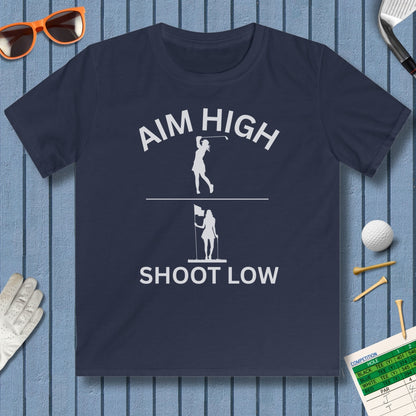 Aim High - Shoot Low (Female) - Youth Golf T-Shirt in Navy
