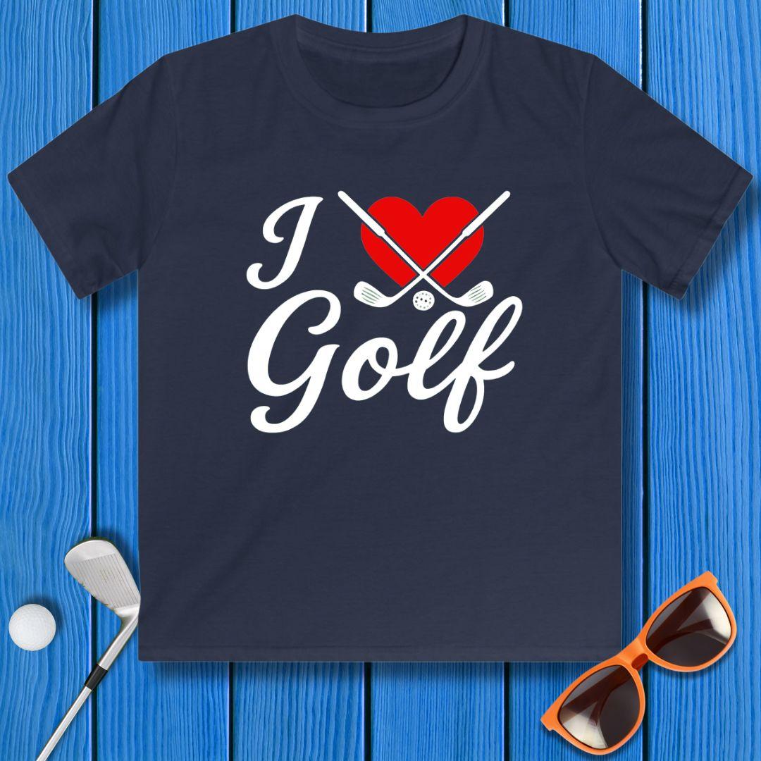 I Love Golf - Youth T-shirt in Navy, great for casual wear. Find more fun golf focused products at oneforetheages.com
