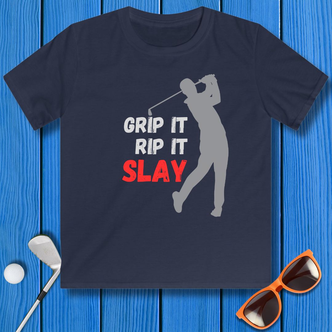 GRIP IT, RIP IT, SLAY - Youth Boys T-shirt in Navy, great for casual wear. Find more fun golf focused products at oneforetheages.com