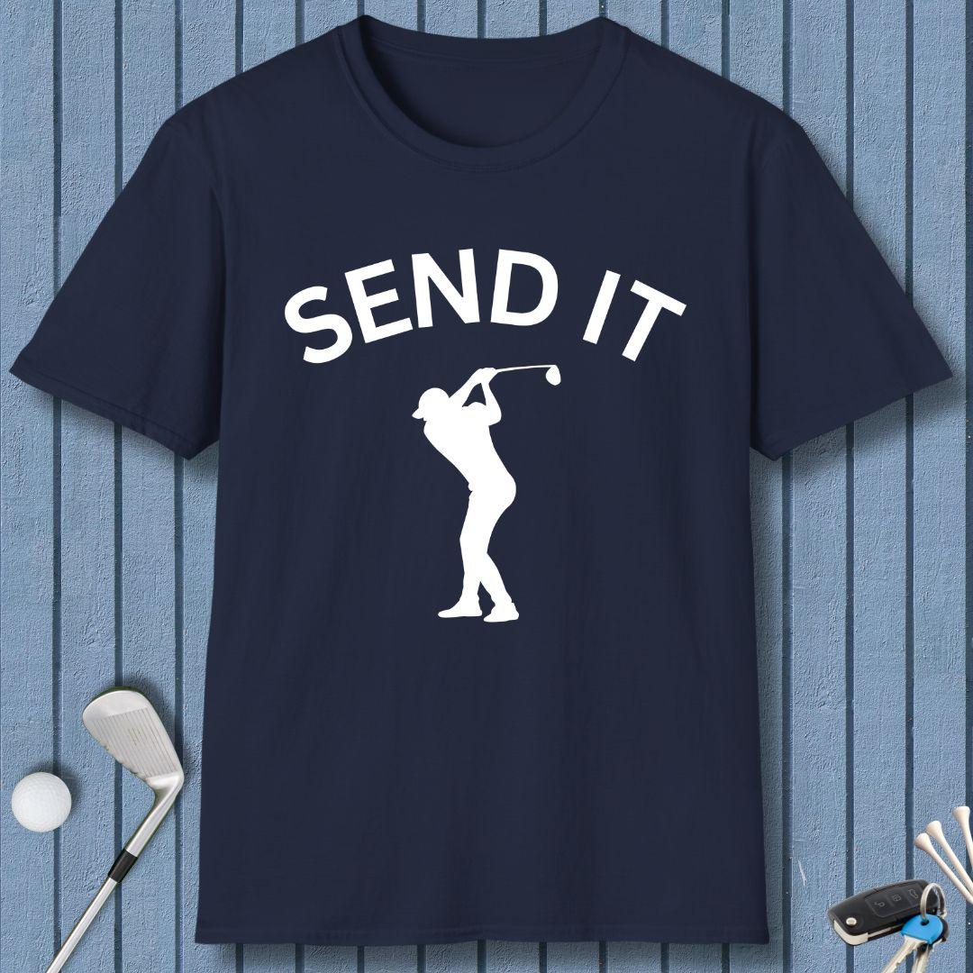 SEND IT - Male Golfer T-Shirt in Navy, great for casual wear. Find more fun golf focused products at oneforetheages.com