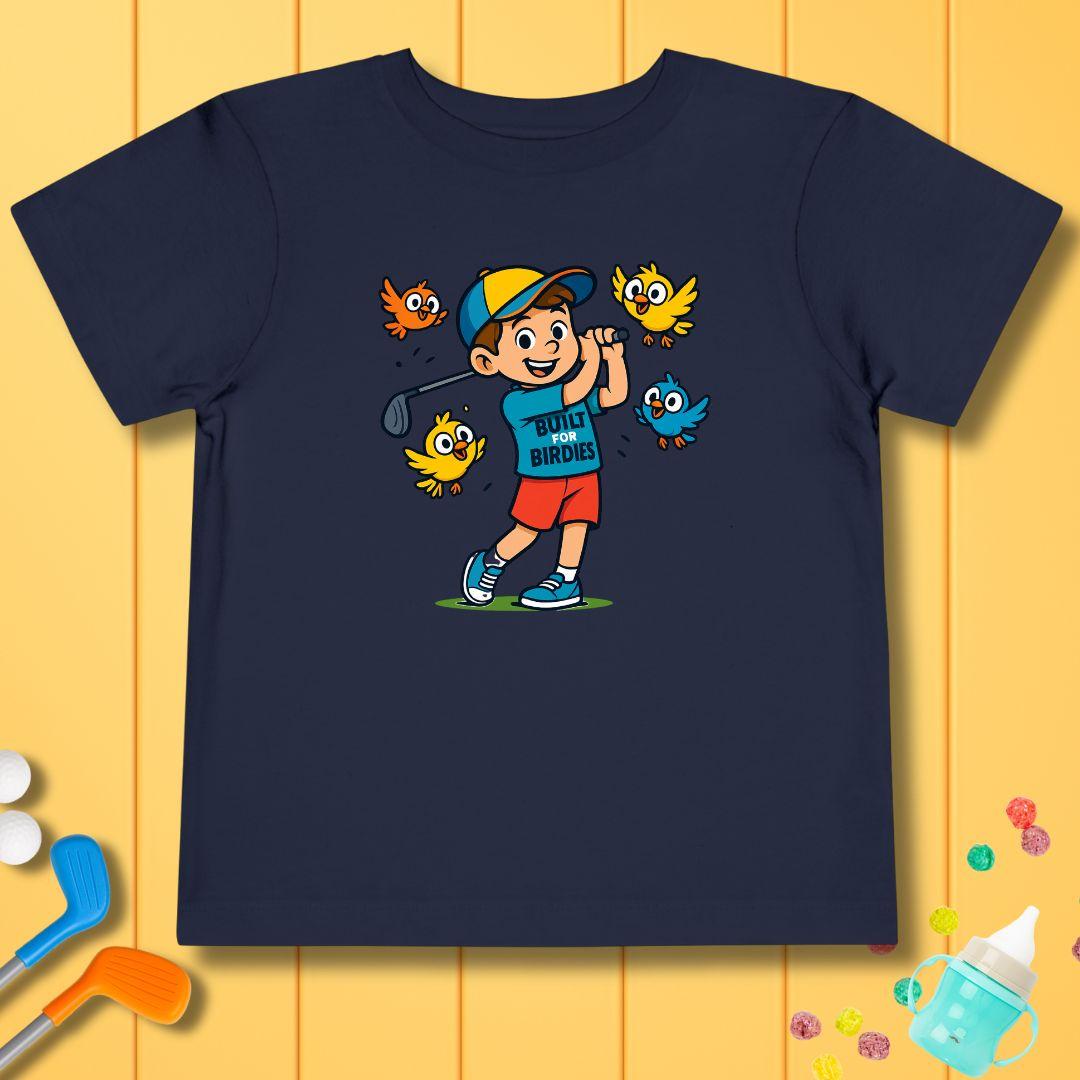 Built for Birdies Toddler T-Shirt in Navy, great for casual wear. Find more fun golf focused products at oneforetheages.com
