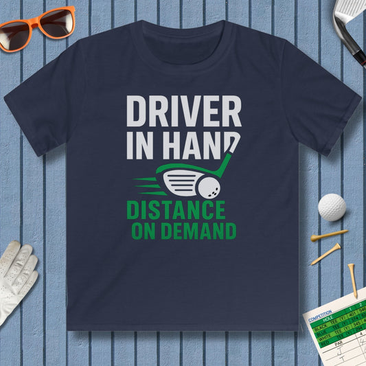 Driver in Hand - Distance on Demand - Youth Golf T-Shirt in Navy