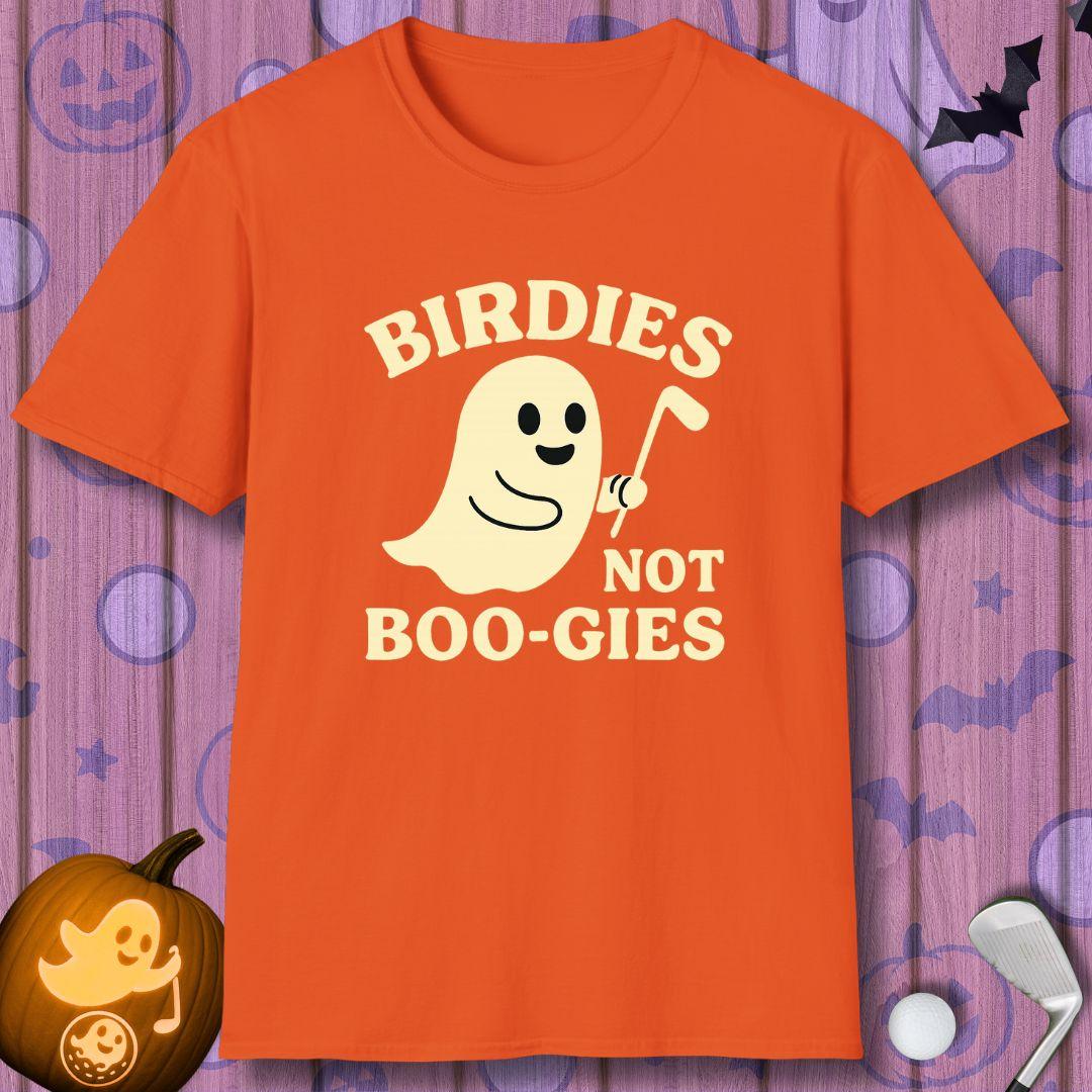 Birdies not BOO-GIES - Halloween T-shirt in Orange, great for casual wear. Find more fun golf focused products at oneforetheages.com