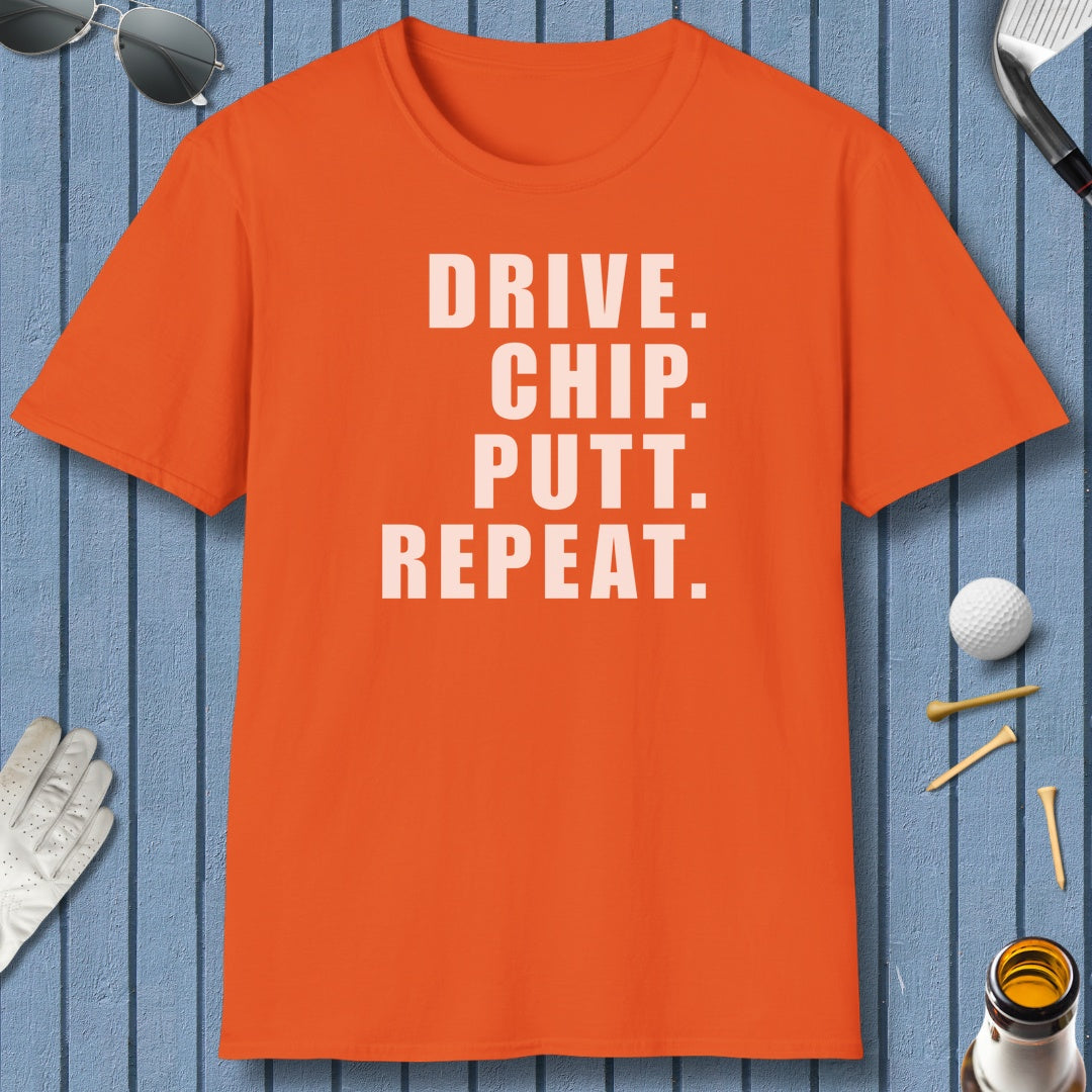 DRIVE CHIP PUTT REPEAT - Adult Golf T-Shirt in Orange