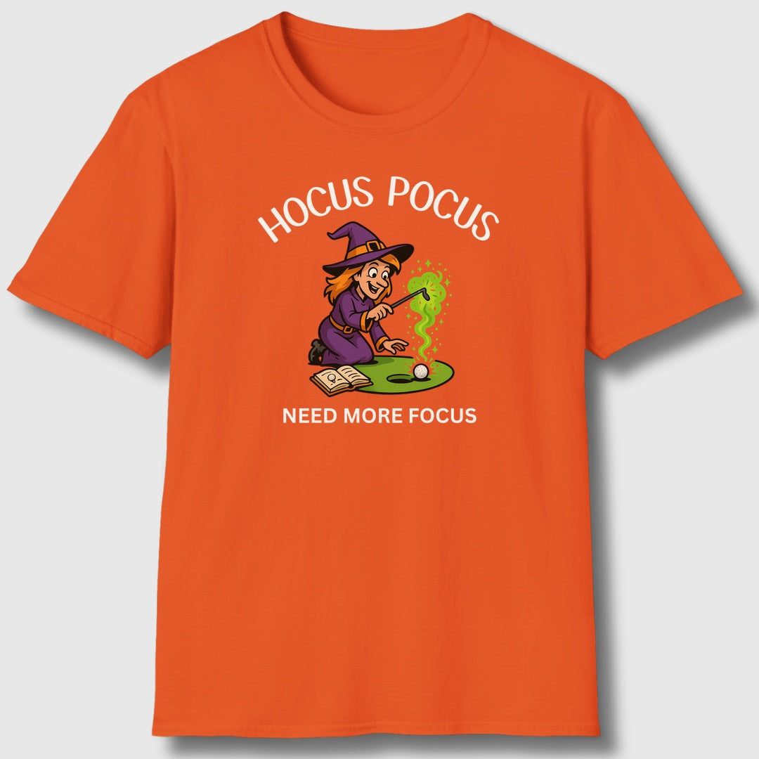 Hocus Pocus, Need More Focus - Adult Golf T-Shirt in Orange