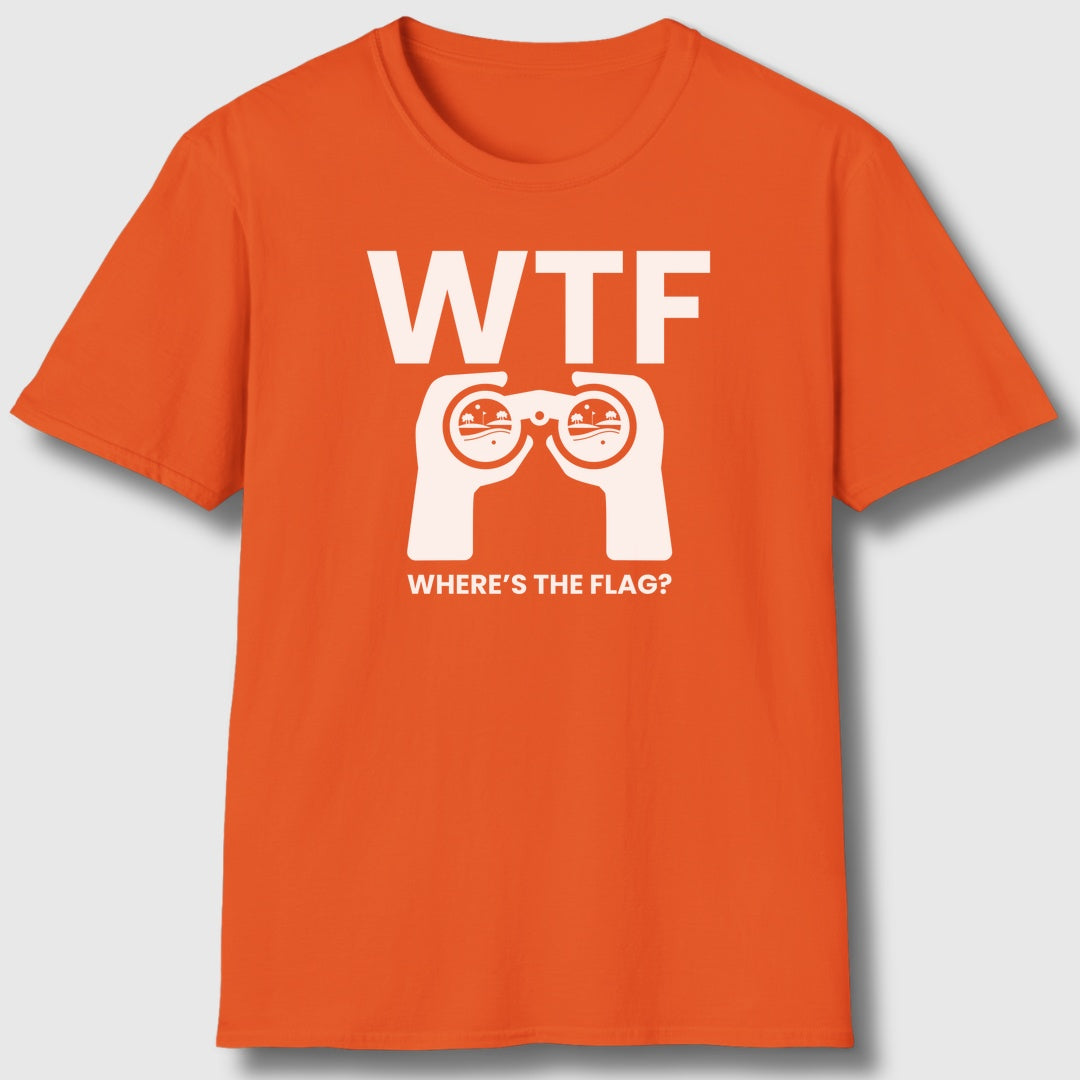 WTF - Where's the Flag - Adult Golf T-Shirt in Orange