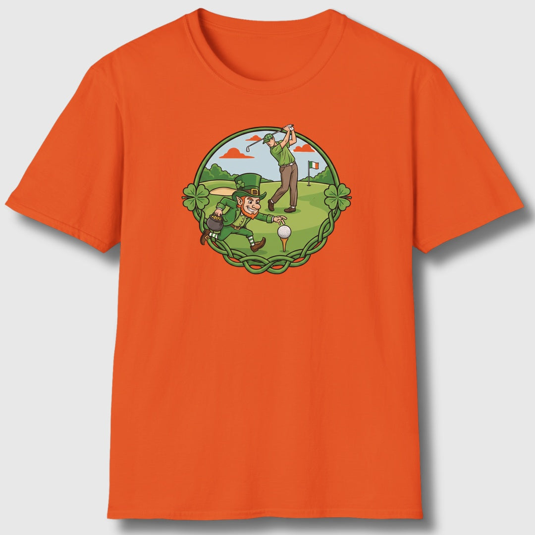 The Leprechaun Stole My Ball! - Adult Golf T-Shirt in Orange