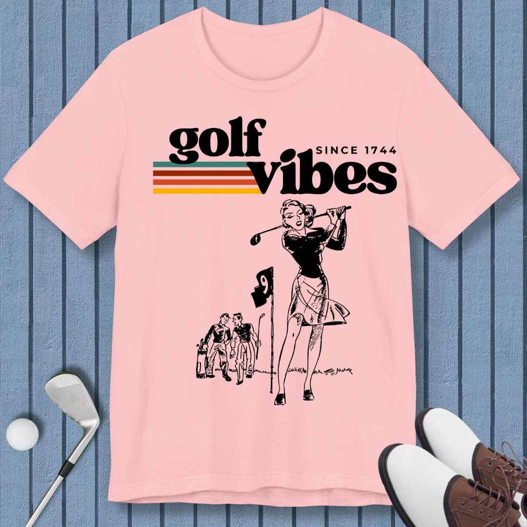 Golf Vibes | Retro T-shirt in Pink, great for casual wear. Find more fun golf focused products at oneforetheages.com