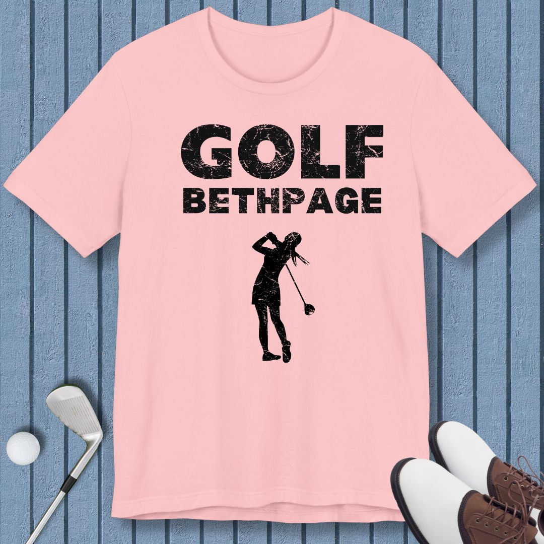 Golf Bethpage - Female T-shirt in Pink, great for casual wear. Find more fun golf focused products at oneforetheages.com