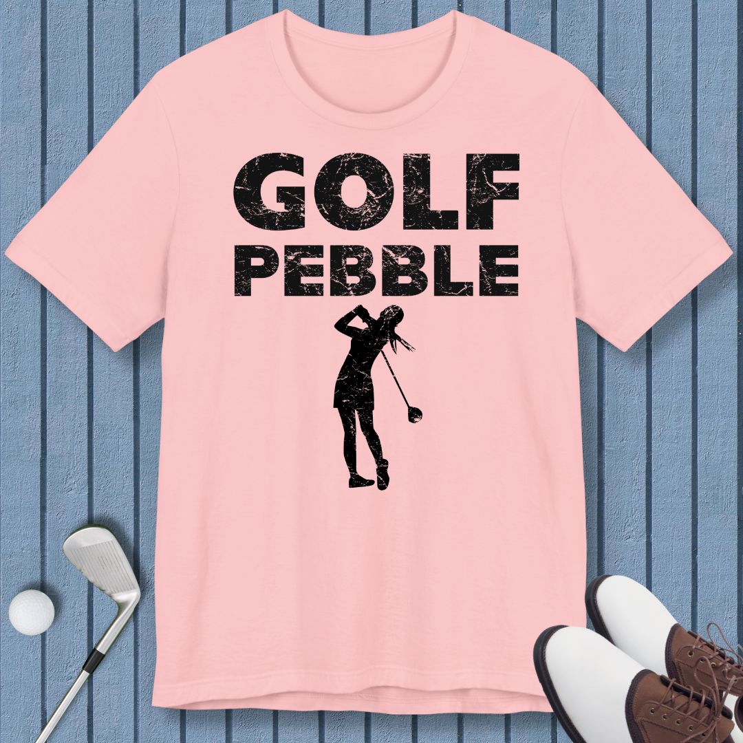 Golf Pebble - Female T-shirt in Pink, great for casual wear. Find more fun golf focused products at oneforetheages.com