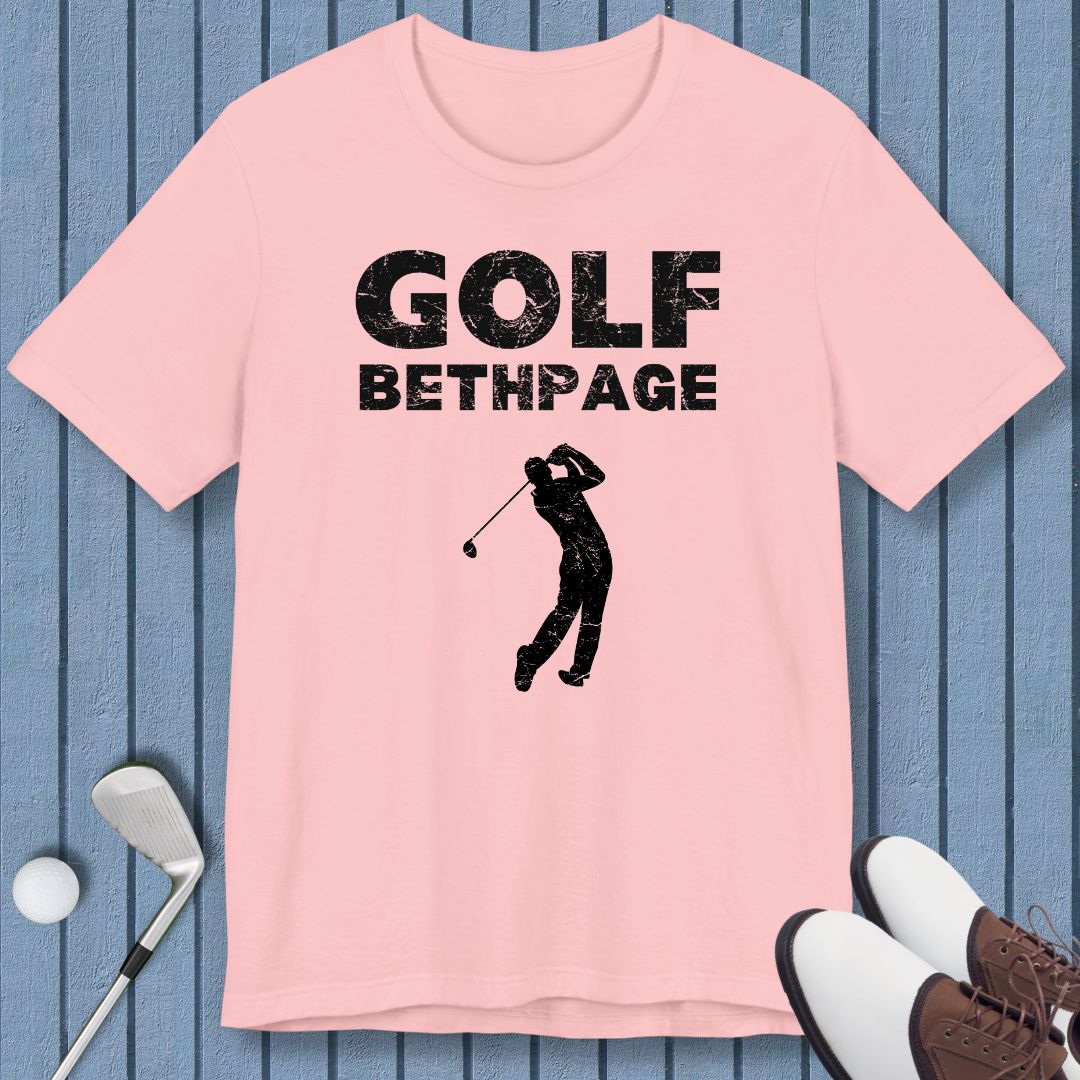 Golf Bethpage - Male T-shirt in Pink, great for casual wear. Find more fun golf focused products at oneforetheages.com