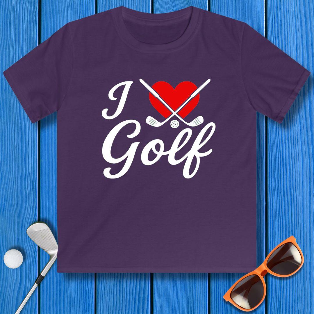 I Love Golf - Youth T-shirt in Purple, great for casual wear. Find more fun golf focused products at oneforetheages.com