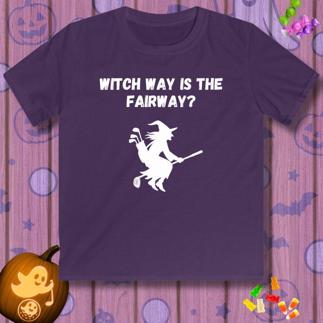 Witch Way is the Fairway? - Youth Halloween T-shirt in Purple, great for casual wear. Find more fun golf focused products at oneforetheages.com