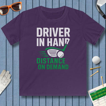 Driver in Hand - Distance on Demand - Youth Golf T-Shirt in Purple