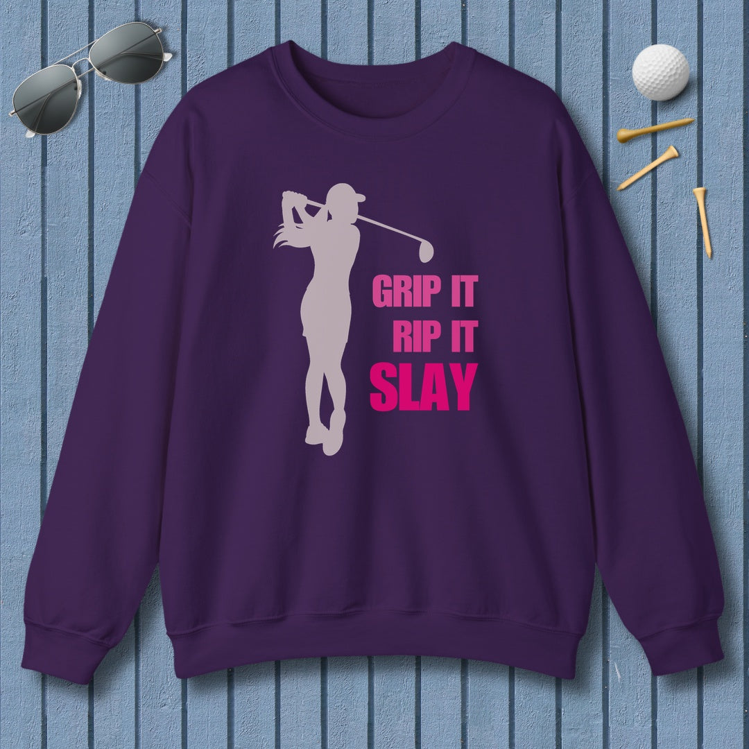 GRIP IT, RIP IT, SLAY (Female) - Adult Golf Sweatshirt in Purple