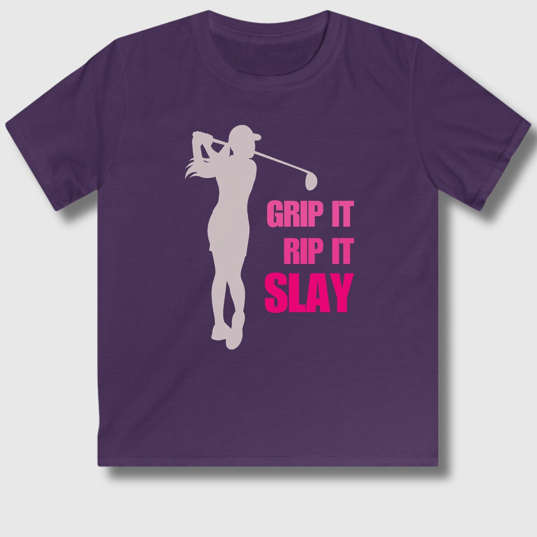 GRIP IT, RIP IT, SLAY (Female) - Youth Golf T-Shirt in Purple