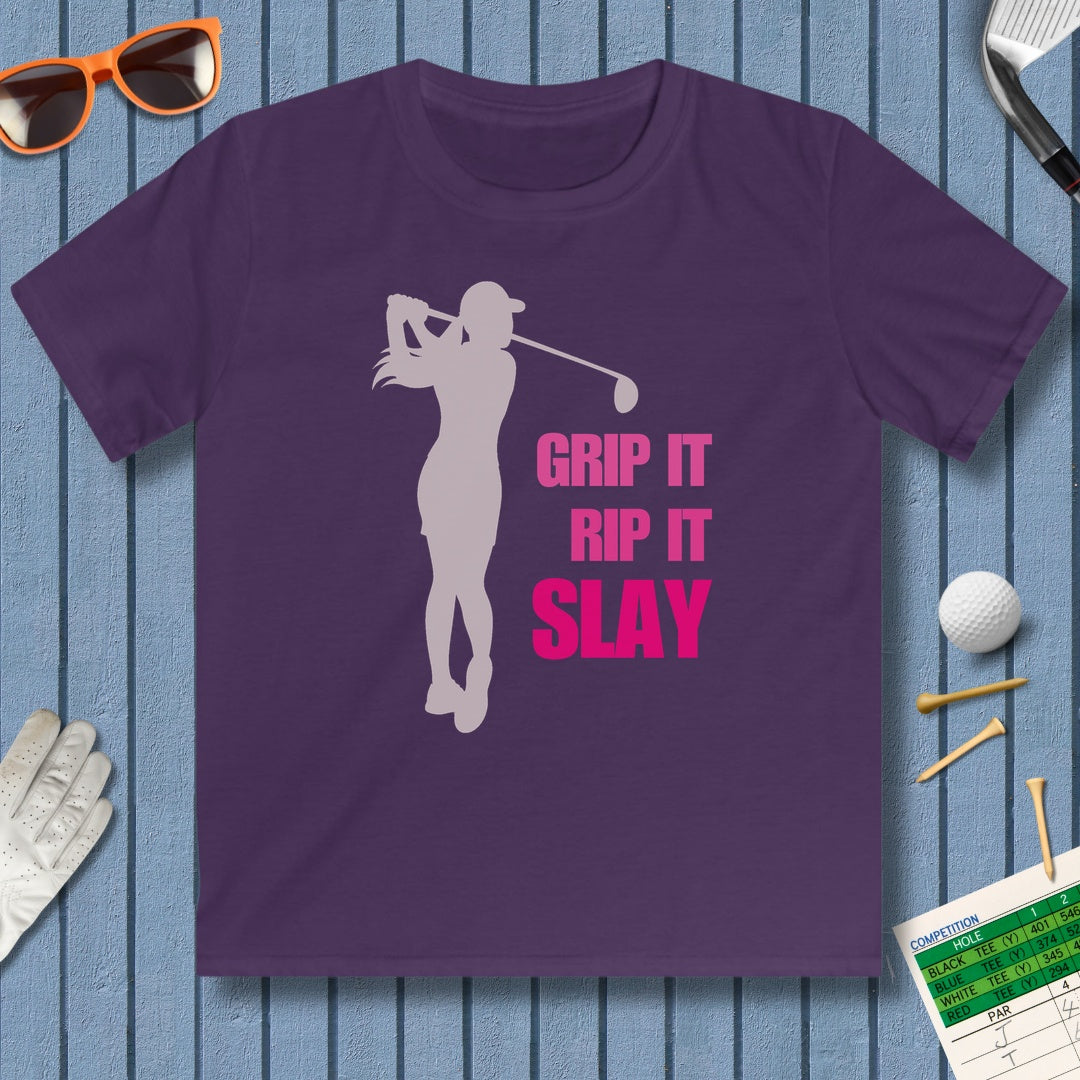 GRIP IT, RIP IT, SLAY (Female) - Youth Golf T-Shirt in Purple