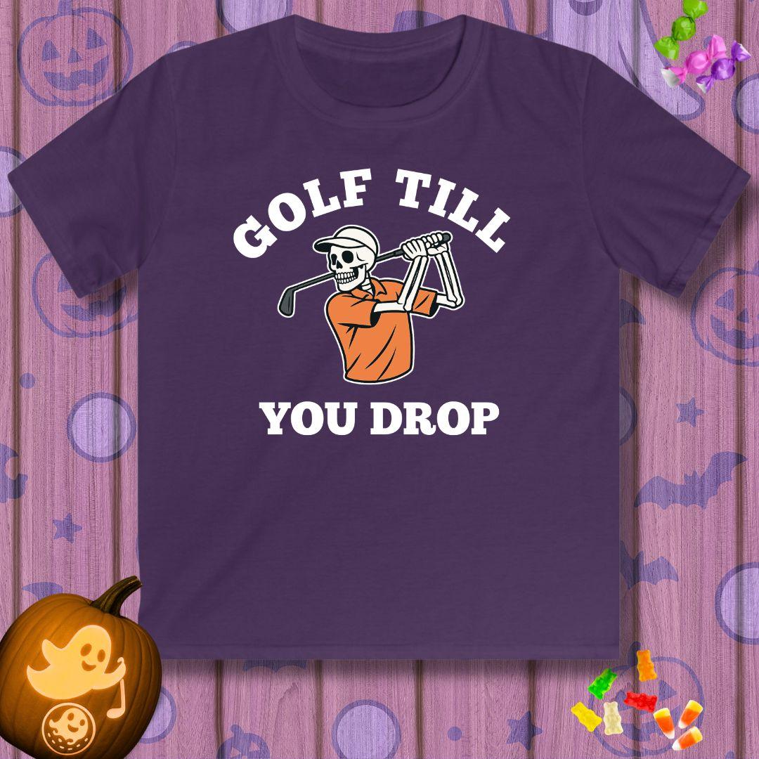 Golf Till You Drop - Youth Halloween T-shirt in Purple, great for casual wear. Find more fun golf focused products at oneforetheages.com
