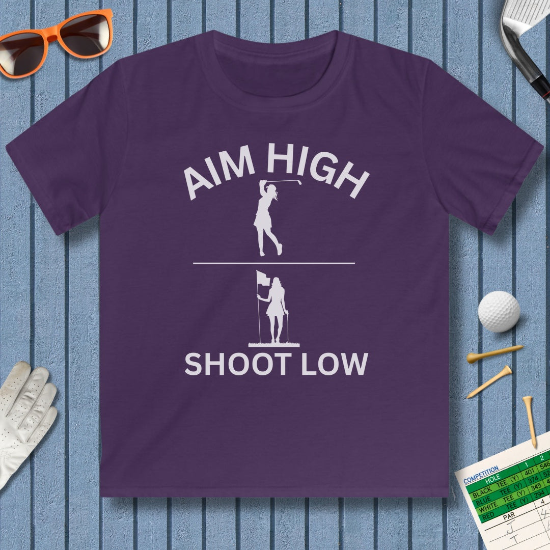Aim High - Shoot Low (Female) - Youth Golf T-Shirt in Purple